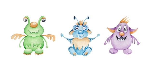Acuarela monstruos set.Aliens.Cartoon personaje