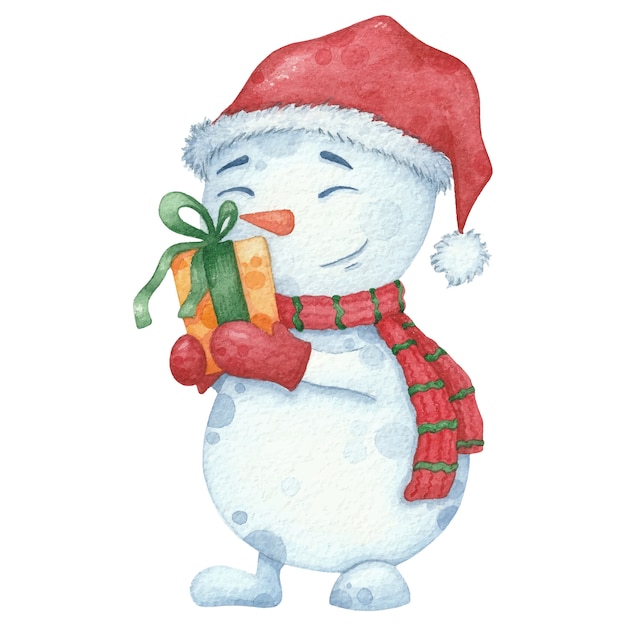 Acuarela muñeco de nieve en bufanda y sombrero con regalo. Ilustración dibujada a mano de Navidad