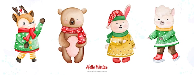 Acuarela Navidad Invierno ciervo oso conejo oveja en ropa de invierno Ilustración acuarela