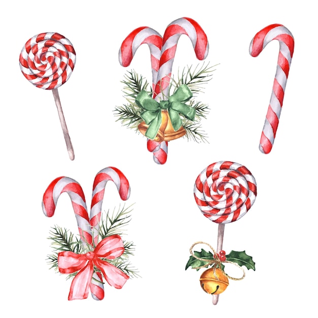 Acuarela de Navidad con piruletas rojas y bastón de caramelo