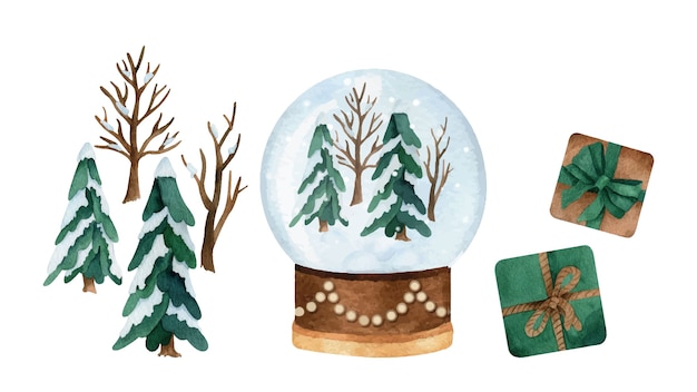 Acuarela navideña con pinos, bola de nieve y cajas de regalo