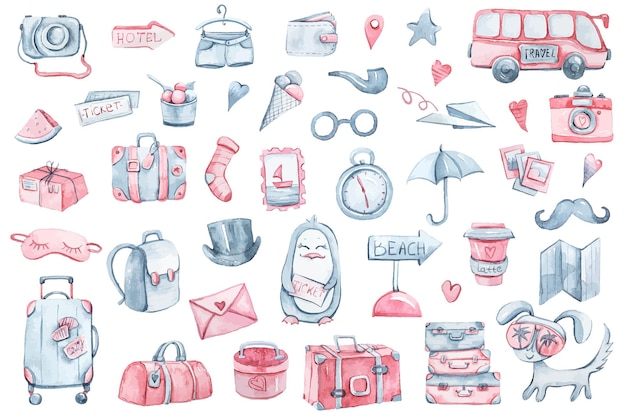 Vector acuarela niños lindos viajan clipart- autobús, bolsos, avión, taza de café, pingüino. ilustraciones vectoriales