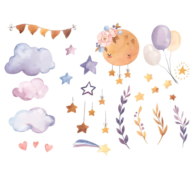 Acuarela nube luna estrellas deja ilustración para niños