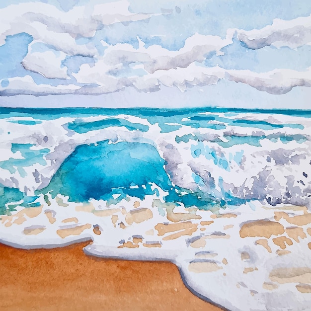 Acuarela ondas marinas en la playa escena de fondo de verano ilustración dibujada a mano
