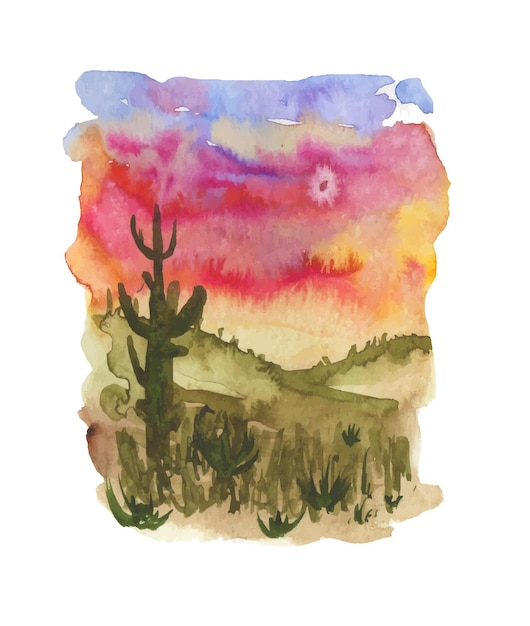 Acuarela paisaje desértico con cactus pintado a mano.