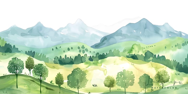 acuarela paisaje con montañas y árboles vector de acuarela de bosque
