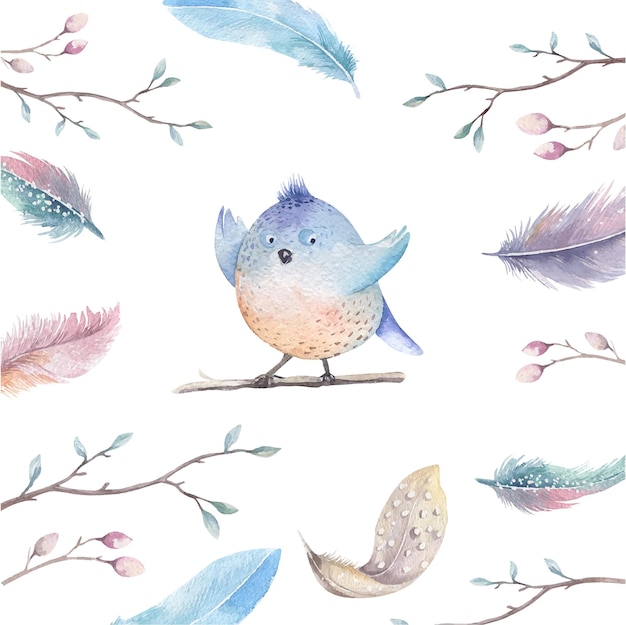 Acuarela pájaros vintage, plumas y tarjeta de nido decoración de arte ilustración de pájaro estilo boho