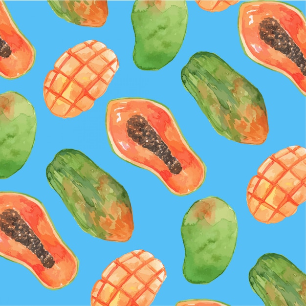 Acuarela Papaya y Mango de patrones sin fisuras