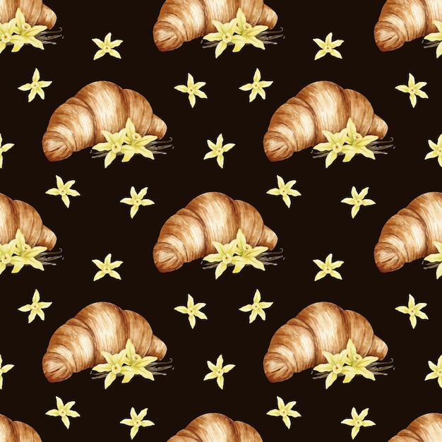 Vector acuarela patrón sin costuras de croissants flores y vainas de vainilla pan tradicional francés de desayuno fondo de pastelería para el diseño de etiquetas embalaje de tarjetas de mercancías para panadería panadería