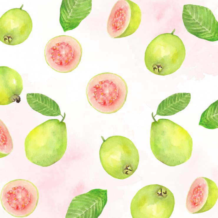 Vector acuarela de patrón de hojas y guayaba verde