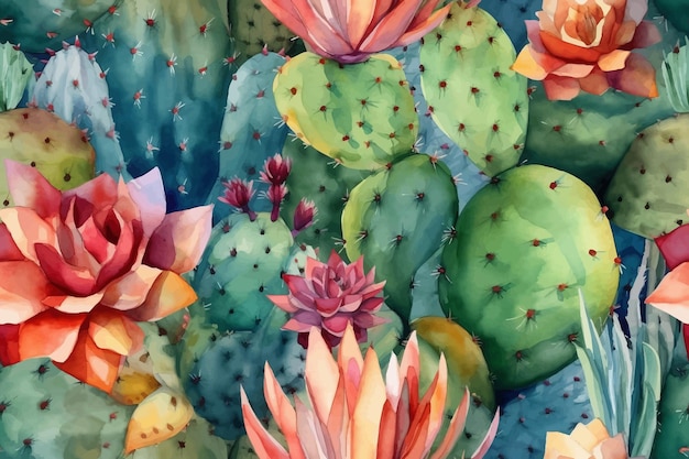 Una acuarela de patrones sin fisuras de cactus con flores.