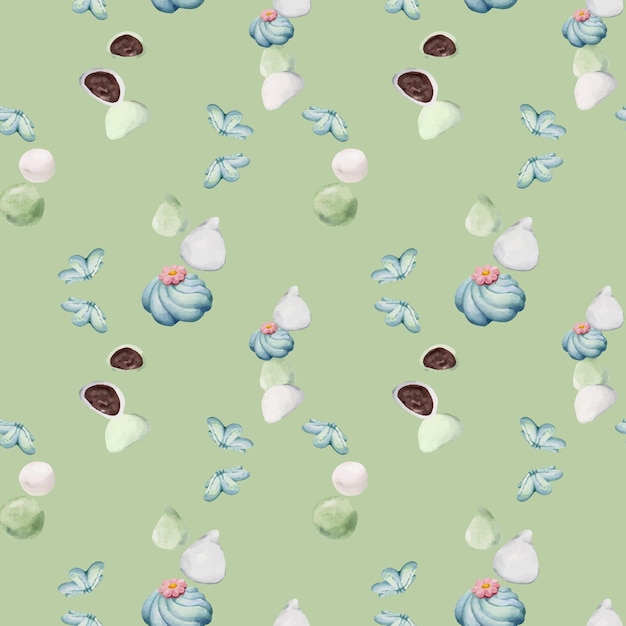 Acuarela de patrones sin fisuras con dulces japoneses tradicionales dibujados a mano Wagashi mochi flores de verano Aisladas sobre fondo de color Invitaciones restaurante menú tarjetas de felicitación impresión textil