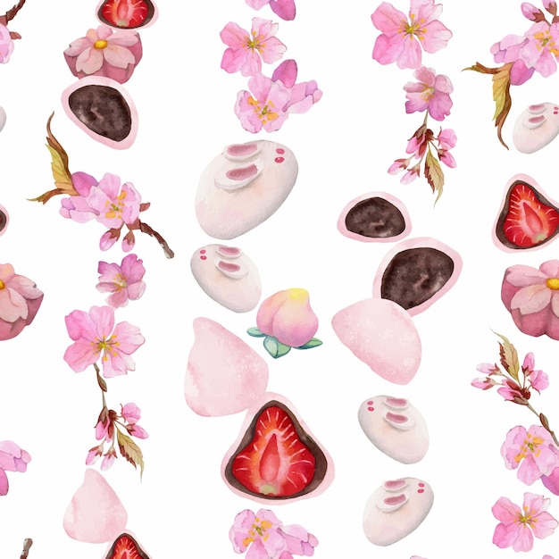 Acuarela de patrones sin fisuras con dulces japoneses tradicionales dibujados a mano Wagashi mochi sakura blossom Aislado sobre fondo blanco Invitaciones restaurante menú tarjetas de felicitación impresión textil