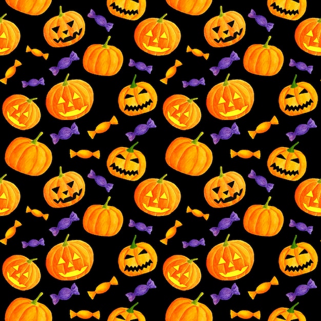 Acuarela de patrones sin fisuras de Halloween con caramelos y calabazas talladas