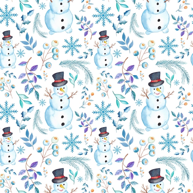 Acuarela de patrones sin fisuras de Navidad con elementos de temporada tradicionales de acuarela. chucherías, abeto, santa, baya