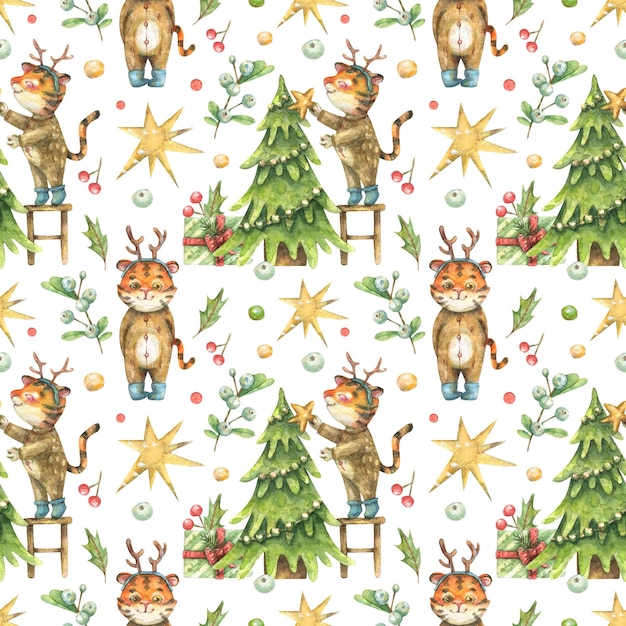 Acuarela de patrones sin fisuras de Navidad con ilustración de tigre de animales lindos