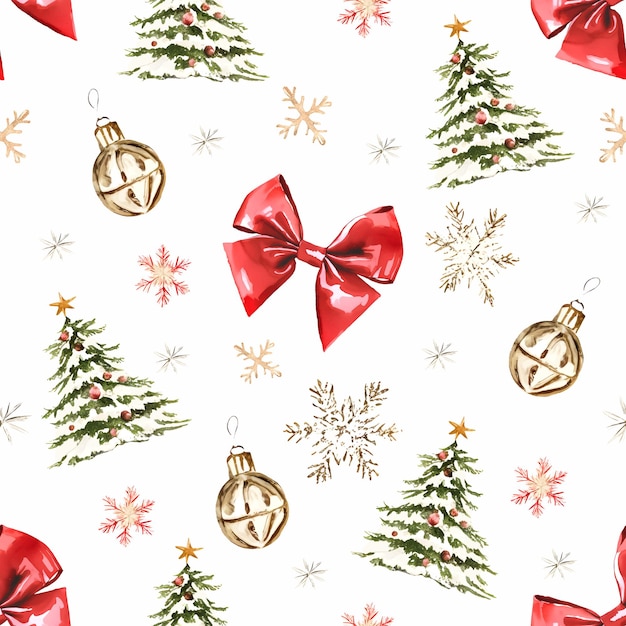 Acuarela de patrones sin fisuras de Navidad con lazo rojo de árbol de Navidad y copos de nieve