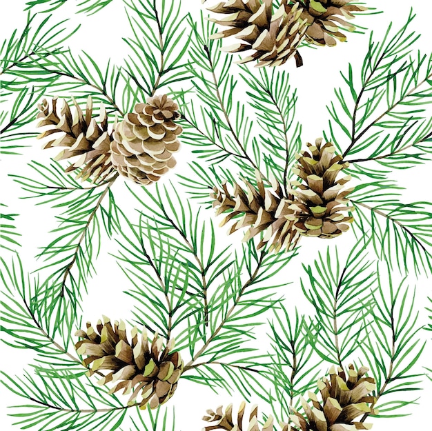 Acuarela de patrones sin fisuras con ramas de abeto y conos árboles de Navidad aislados en blanco