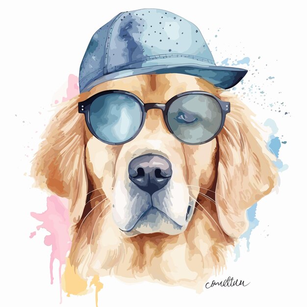 Vector acuarela perro con gafas lindo animal ilustración