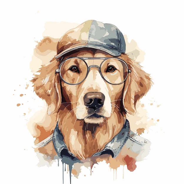 Vector acuarela perro con gafas lindo animal ilustración