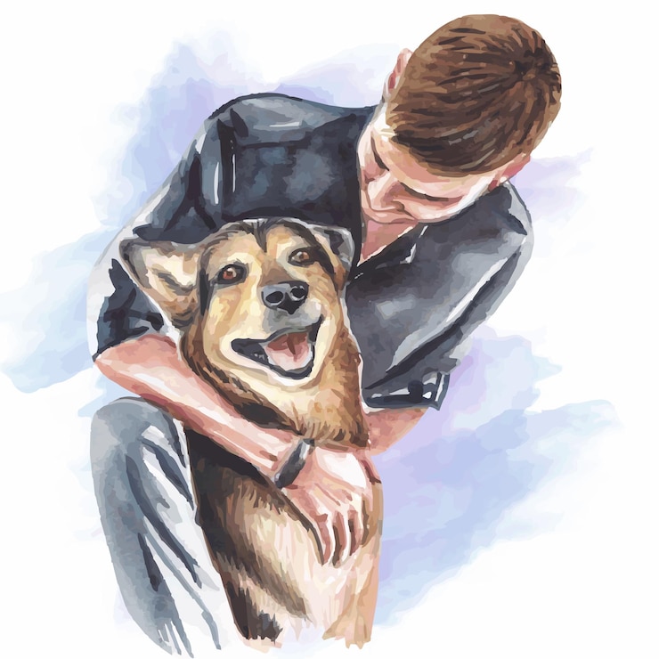 Vector acuarela personas y perro