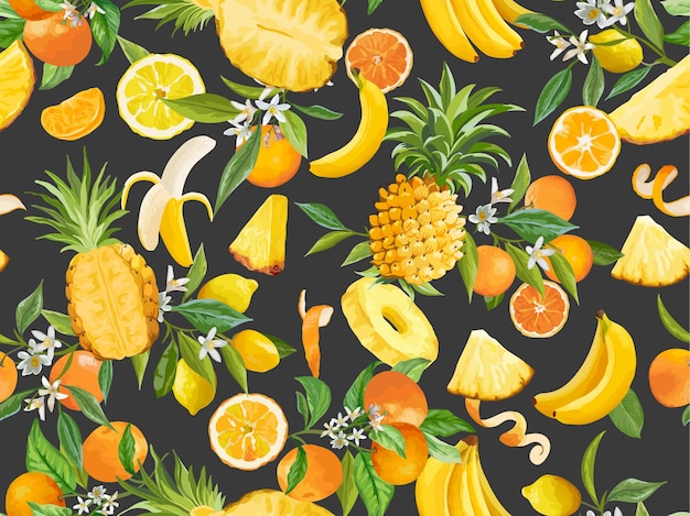 Acuarela de piña, plátano, limón, mandarina, naranja de patrones sin fisuras. frutas tropicales de verano, hojas, flores de fondo. ilustración de vector de cubierta de primavera, textura de papel tapiz tropical, telón de fondo