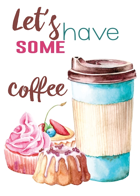 Vector acuarela pintada a mano ilustración para postal con taza de café y сupcakes en blanco