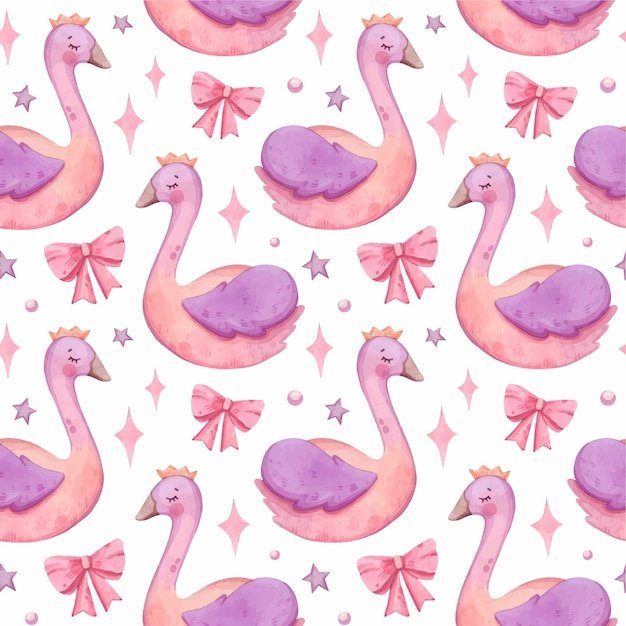 Acuarela pintada a mano con un patrón de cisne lindo cintas de amor de la guardería estrellas fondo blanco