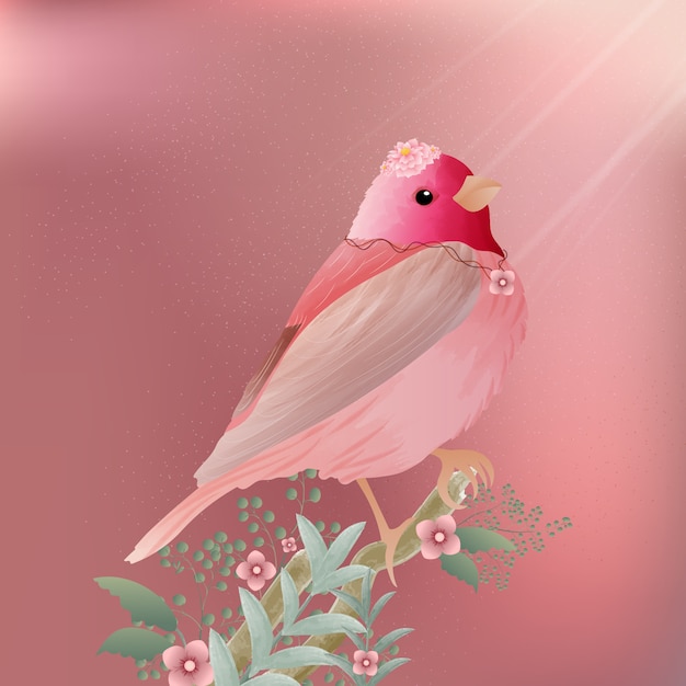 Acuarela de pintura vintage de pájaro Rosefinch y hermosa flor.