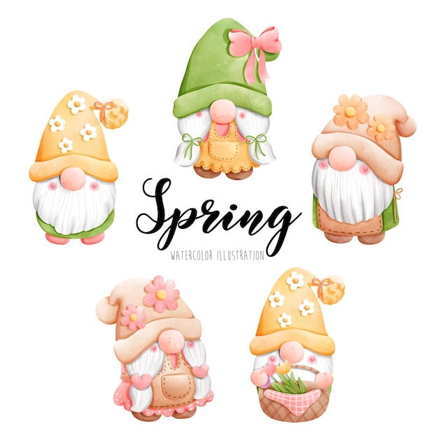 Acuarela primavera gnomo feliz primavera ilustración vectorial
