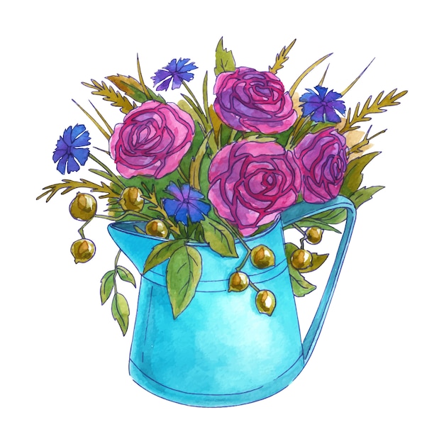 Vector acuarela ramo de flores de primavera en una regadera. rosas, acianos y hojas. aislado sobre fondo blanco dibujado a mano ilustración.