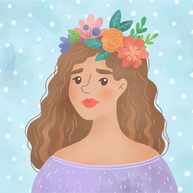 Vector acuarela retrato de linda joven con corona de flores de primavera