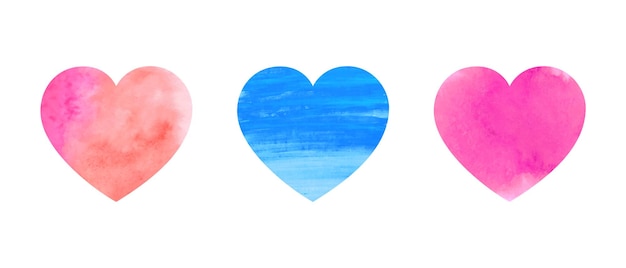 Acuarela rosa y azul corazones aislados sobre fondo blanco