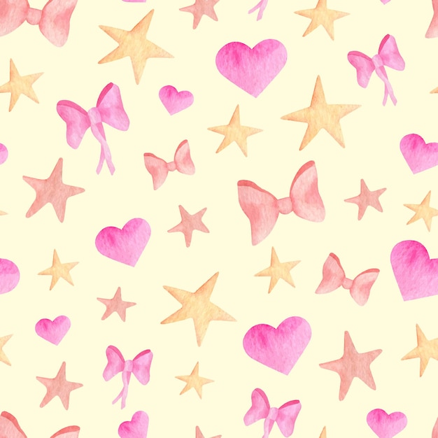 Acuarela rosa cinta arcos, corazones y estrellas de patrones sin fisuras. Lindo fondo simple