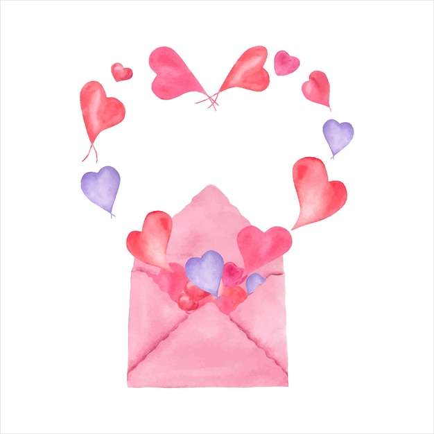 Acuarela rosa púrpura corazones volando fuera de sobre rosa Ilustración romántica para Salvar la fecha Tarjetas del día de San Valentín