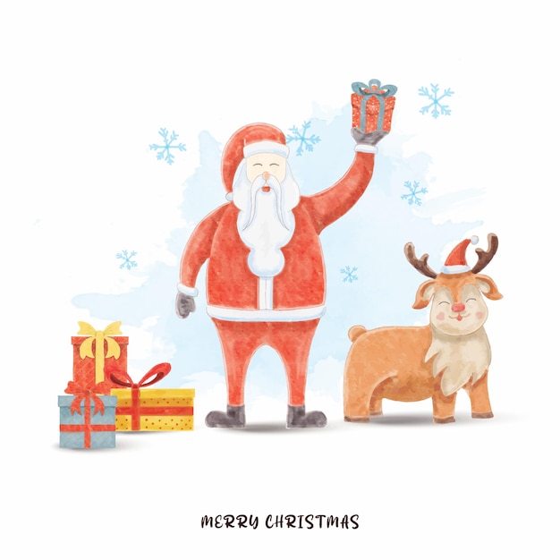 Acuarela santa y lindo ciervo con regalos feliz Navidad