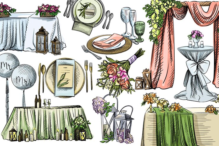 Vector acuarela set decoraciones de boda.