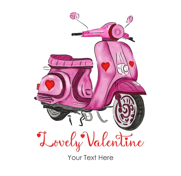 Acuarela tarjeta de felicitación del día de san valentín scooter rosa con forma de corazón dibujado a mano