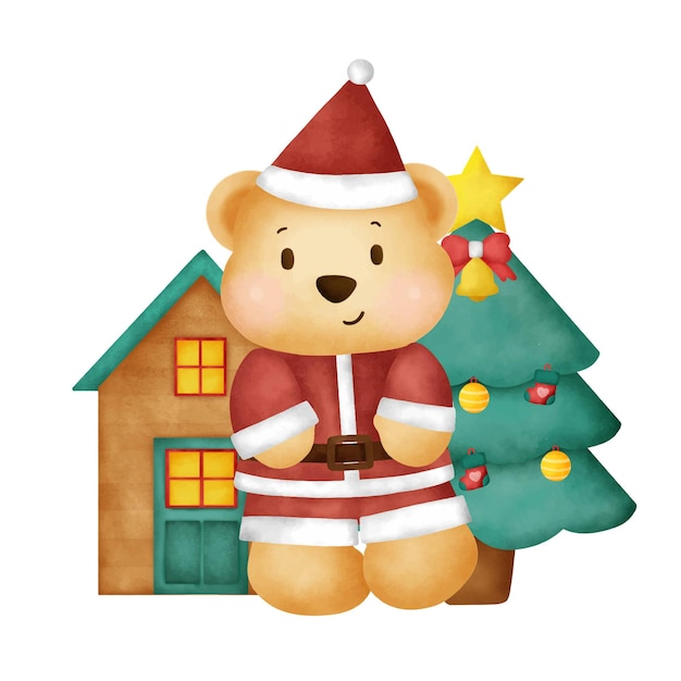 Acuarela tarjeta de Navidad con lindo osito de peluche.