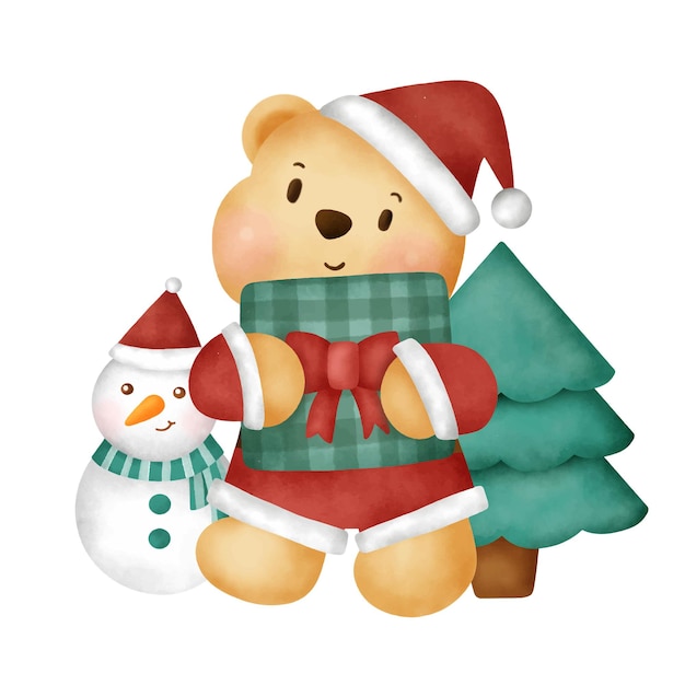 Acuarela tarjeta de Navidad con lindo osito de peluche.