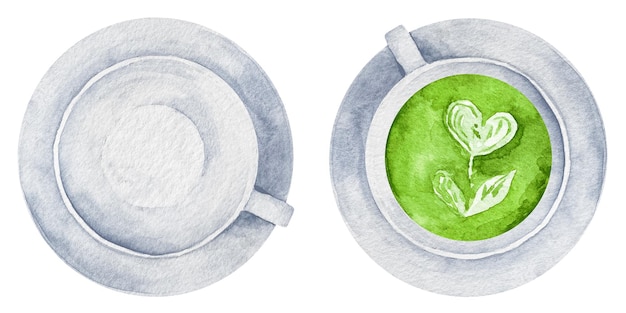 Acuarela té verde matcha latte con arte de espuma Taza de matcha latte vista superior