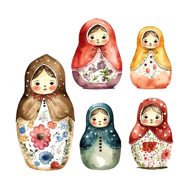 Acuarela vector rusia matryoshka set muñeca flores día ruso
