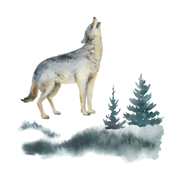 Acuarela vector tarjeta de Navidad con lobo y paisaje invernal