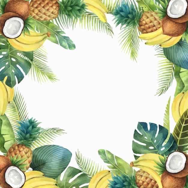 Acuarela vector tarjeta tropical de frutas y palmeras aisladas sobre fondo blanco