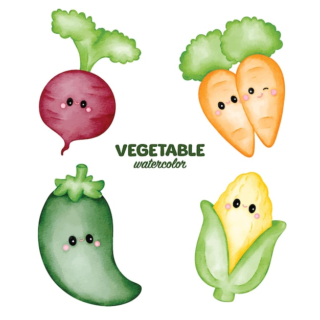 Acuarela vegetal clip art elemento lindo personaje dibujo nabo zanahoria chile maíz