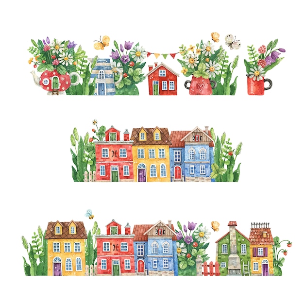 Acuarelas calles dibujadas a mano con casas rurales, flores de verano y hierbas aisladas sobre fondo blanco. ilustración acuarela con calles florales