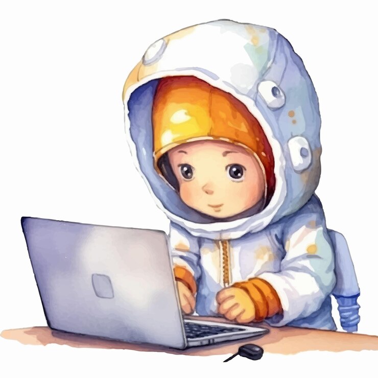 Vector acuarelas ilustrado de un astronauta pirata informático que opera una computadora portátil