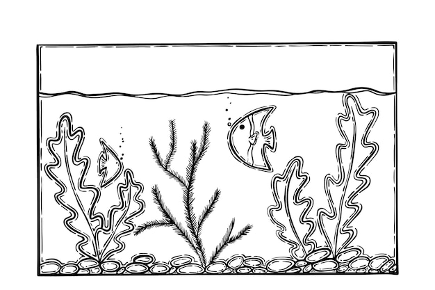 Acuario con piedras de pescado y algas mascota doodle dibujos animados lineales
