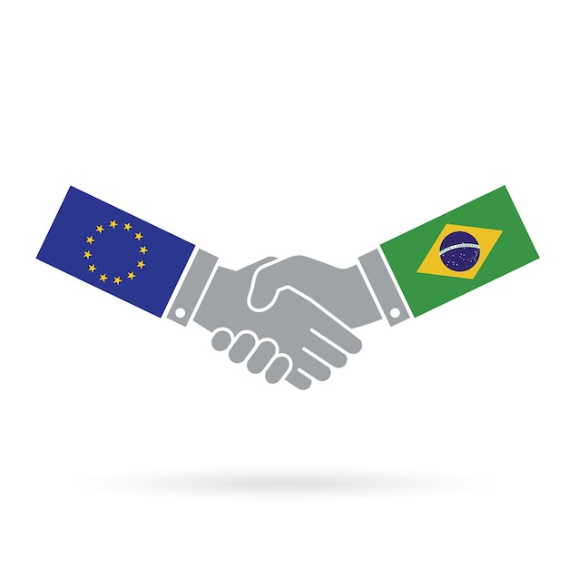 Vector acuerdo comercial de apretón de manos entre la unión europea y brasil