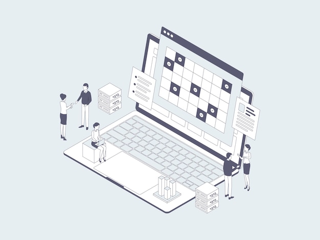 Acuerdo comercial isométrica ilustración lineal gris. Adecuado para aplicaciones móviles, sitios web, banners, diagramas, infografías y otros activos gráficos.